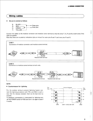 Page 114. WIRING CONNECTION 
Wiring cables 
0 Be sure to connect as follows 
Y: 
YELLOW - 
Connect the cables to the modular connector and modular screw terminal so that the wires Y, G, R and B at both ends of the 
cable are parallel. 
Note that there are no polarity indications (plus or minus) for outer pins B and Y and inner pins R and G. 
CASE 1 
Connection of modular connector and modular-screw terminal. 
CASE 2 Connection to modular-screw terminal at both ends. 
.,;a~;m+~*~~E;,,:,. 
Modular-screw terminal...