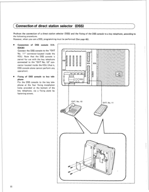 Page 14( Connection of direct station selector (DSS) 
Profrom the connection of a direct station selector (DSS) and the fixing of the DSS console to a key telephone, according to 
the following procedures. 
However, when you use a DSS, programming must be performed (See page 45). 
0 Connection of DSS console (VA- 
82430) 
Connect the DSS console to the “EXT 
No. 11” connector-located inside the 
KSU. Note that the DSS console is 
paired for use with the key telephone 
connected to the “EXT No. IO” con- 
nector...