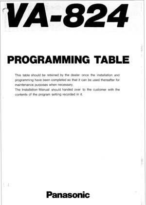 Page 147PROGRAMMING TABLE ‘- 
This table should be retained by the dealer once the installation and 
programming have been completed so that it can be used thereafter for 
maintenance purposes when necessary. 
The Installation Manual should handed over to the customer with the 
contents of the program setting recorded in it. 
Panasonic  