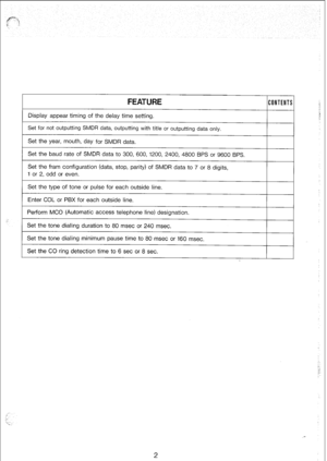 Page 149FEATURE 
Display appear timing of the delay time setting. 
Set for not outputting SMDR data, outputting with title or outputting data only. 
Set the year, mouth, day for SMDR data. 
Set the baud rate of SMDR data to 300, 600, 1200, 2400, 4800 BPS or 9600 BPS. 
Set the fram configuration (data, stop, parity) of SMDR data to 7 or 8 digits, 
1 or 2, odd or even. 
Set the type of tone or pulse for each outside line. 
Enter COL or PBX for each outside line. 
Perform MC0 (Automatic access telephone line)...