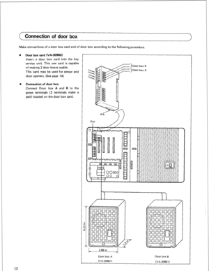 Page 16Connection Qf door box 
Make connections of a door box card and of door box according to the following procedure. 
l Door box card (VA-30960) 
Insert a door box card into the key 
service unit. This one card is capable 
of making 2 door boxes usable. 
This card may be used for sensor and 
door openers. (See page 14) 
l Connection of door box 
Connect Door box A and B to the 
screw terminals (2 terminals make a 
pair) located on the door box card. 
Door box 6 
Door box A 
13 
3.86 in 
Door box A Door box...