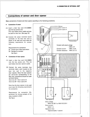 Page 175. CONNECTION OF OPTIONAL UNIT 
Connections of sensor and door opener 
Make connections of sensor and door opener according to the following procedures. 
l 
Connection of sensor 
(1) Insert a door box card (VA-30960) 
into the key service unit. 
This card makes sensor usable and also 
be used for door box. (See page 13) 
(2) Connect the sensor terminals (screw 
terminals) on the door box card to 
sensor to be used and must meet the 
following requirements for connec- 
tion. 
Requirements for connection...