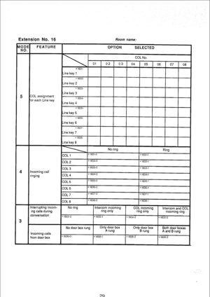 Page 176Extension No. 16 Room name: 
Incoming calls 
from door box No door box rung Only door box 
A rung Only door box 
Both door boxes 
B rung 
A and B rung 
*1606-0 
*1606-l X1606-2 
X1606-3 
29  