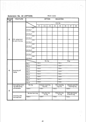 Page 188Extension No. 22 (OPTION) Room name: 
Incoming calls 
from door box No door box rung Only door box Only door box Both door boxes 
A rung B rung 
A and B rung 
*2206-O *2206-l x2206-2 * 2206-3 
41  