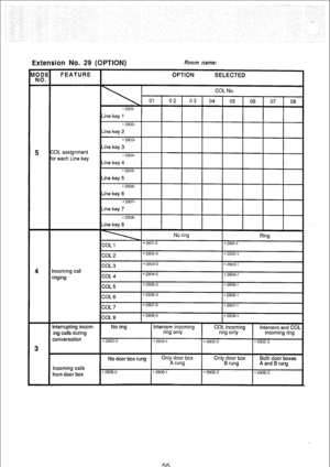 Page 202Extension No. 29 (OPTION) Room name: 
Incoming calls 
from door box No door box rung Only door box 
Only door box Both door boxes 
A rung B rung 
A and B rung 
*2906-o *2906-l * 2906.2 * 2906-3 
55  