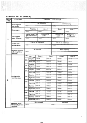 Page 207Extension No. 31 (OPTION) 
3 
6 
FEATURE 
%sceiving calls 
rom sensor 
Ione paging 
Jse of system 
#peed dial group 
:lexible night 
service setting 
teceiving incoming 
:ails in nighttime 
all mode 
utside dialing 
estriction class 
astriction on out - 
24ltl,by system . 
( 
( 
( 
C 
C 
C 
C 
C 
x OPTION 
SELECTED 
I 
x3107-0 
No alarm tone 
*3107-1 
Alarm tone ring 
No paglng Lone 1 
Zone 2 
Zone 3 
*3105-o *3105-1 
*3105-z 
* 3105.3 
I 
Neither group A nor 
group B unusable O;ka ‘;“,“P A 
1 W’,~~‘P,“P...