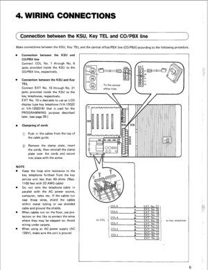 Page 94. WIRING CONNECTIONS 
( Connection between the KSU, Key TEL and CO/PBX line 
Make connections between the KSU, Key TEL and the central office/PBX line (CO/PBX) according to the following procedure. 
0 Connection between the KSU and 
CO/PBX line 
Connect COL No. 1 through No. 6 
jacks provided inside the KSU to the 
CO/PBX line, respectively. 
0 
Connection between the KSU and Key 
TEL 
Connect EXT No. 10 through No. 21 
jacks provided inside the KSU to the 
key telephones, respectively. 
EXT No. 10 is...