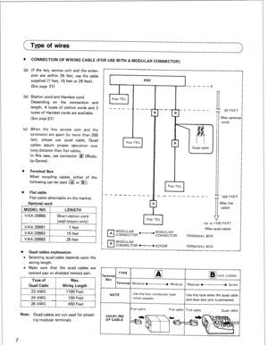 Page 10Type of wires 
a 
CONNECTION OF WIRING CABLE (FOR USE WITH A MODULAR CONNECTOR) 
(a) If the key service unit and the exten- 
sion are within 25 feet, use the cable 
supplied (7 feet, 15 feet or 25 feet). 
(See page 21) KSU 
----_ 
--A---o 
Quad cable 
 J 
n 
i 25 FEET 
[Max option: 
cord)  (b) Station cord and Handset cord 
Depending on the connection and 
length, 4 types of station cords and 2 
types of Handset cords are available. 
(See page 21) -- 
1 - 
ll 
(c) When the key service unit and the...