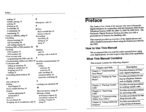 Page 7index 
making 14 
outside, placing 13 
parking 32 
picking up 30 
to attendant 36 
to exlensions 36 
transferring 33 
Qmp:on callback, using 4 1 
Can&lling 
absence message 43 
call forwarding 38 
call waiting request 42 
Chaining SSD or PSD numbers 20 
Checking 
PSD numbers 17 
SS IJ numbers 20 
Client account code 
programming into PSD code 26 E 
Emergency calls 15 
F 
FF key 
direct outside line 14 
feature codes 61 
Forwarding 
cancelling 38 
setting up 37 
using 37 
H 
Holding 
calls 31 
putting a...