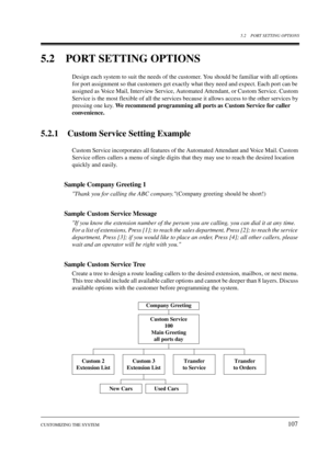 Page 1075.2 PORT SETTING OPTIONS
CUSTOMIZING THE SYSTEM
107
5.2 PORT SETTING OPTIONS
Design each system to suit the needs of the customer. You should be familiar with all options 
for port assignment so that customers get exactly what they need and expect. Each port can be 
assigned as Voice Mail, Interview Service, Automated Attendant, or Custom Service. Custom 
Service is the most flexible of all the services because it allows access to the other services by 
pressing one key. 
We recommend programming all...