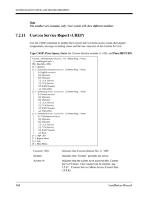 Page 168SYSTEM MAINTENANCE AND TROUBLESHOOTING
168 Installation Manual
Note
The numbers are examples only. Your system will show different numbers.
7.2.11 Custom Service Report (CREP)
Use the CREP command to display the Custom Service menu access count, the keypad 
assignments, message recording status and the tree-structure of the Custom Service.
Type CREP, Press Space, Enter the Custom Service number (1-100), and Press RETURN.
Custom [100]: Indicates that Custom Service No. is 100.
System: Indicates that...