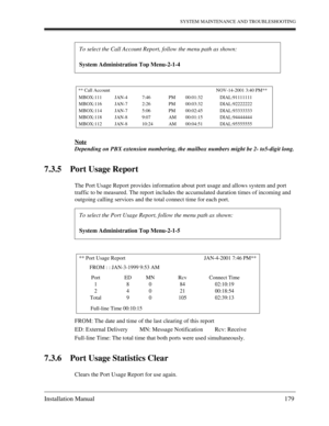 Page 179SYSTEM MAINTENANCE AND TROUBLESHOOTING
Installation Manual 179
Note
Depending on PBX extension numbering, the mailbox numbers might be 2- to5-digit long.
7.3.5 Port Usage Report
The Port Usage Report provides information about port usage and allows system and port 
traffic to be measured. The report includes the accumulated duration times of incoming and 
outgoing calling services and the total connect time for each port.
FROM: The date and time of the last clearing of this report 
ED: External Delivery...