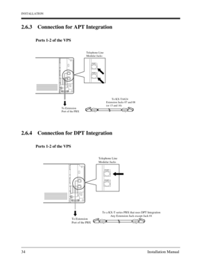 Page 34INSTALLATION
34 Installation Manual
2.6.3 Connection for APT Integration
Ports 1-2 of the VPS
2.6.4 Connection for DPT Integration
Ports 1-2 of the VPS
YGRB
YGRB
To KX-TA624
PORT 1
PORT 2
PORT 1
Telephone Line
Modular Jacks
To Extension
Port of the PBX
PORT 2
Extension Jacks 07 and 08 
(or 15 and 16)
YGRB
YGRB
To a KX-T series PBX that uses DPT Integration
To Extension
Port of the PBX
PORT 1
PORT 2
PORT 1
Telephone Line
Modular Jacks
PORT 2
Any Extension Jack except Jack 01 