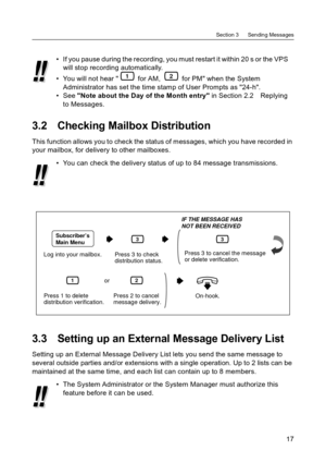 Page 17Section 3      Sending Messages
17
3.2 Checking Mailbox Distribution
This function allows you to check the status of messages, which you have recorded in 
your mailbox, for delivery to other mailboxes.
3.3 Setting up an External Message Delivery List
Setting up an External Message Delivery List lets you send the same message to 
several outside parties and/or extensions with a single operation. Up to 2 lists can be 
maintained at the same time, and each list can contain up to 8 members. If you pause...