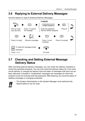 Page 21Section 3      Sending Messages
21
3.6 Replying to External Delivery Messages
Use this feature to reply to External Delivery Messages.
3.7 Checking and Setting External Message 
Delivery Status
After recording external delivery messages, you can check the delivery schedule or 
review the specified recipients. You can only check the delivery status (to, if you wish, 
cancel delivery or change the delivery time and date) of messages that have not yet 
been delivered. Included in undelivered messages are...