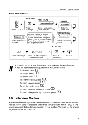 Page 29Section 4     Special Features
29
WHEN YOU PRESS 3
4.9 Interview Mailbox
An Interview Mailbox plays prerecorded questions to callers and records their answers. 
You can record up to 10 questions and set the answer lengths from 4 s to 32 s. The 
answers are recorded and stored, in order, in your mailbox. You must set the answer 
length and record the questions. If you do not know your line access code, ask your System Manager.
 You will hear the following guidance as the Options Menu:
To change, press...