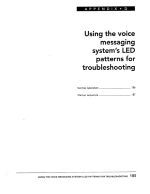 Page 180Using-the voice 
messaging 
system’s LED 
patterns for 
troubleshooting 
Normal operation. ............................................. 186 
Startup 
sequence .............................................. 
187 
USING THE VOICE MESSAGING SYSTEM’S LED PAlTERNS FOR TROUBLESHOOTING 185  