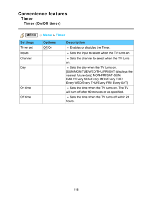 Page 116Convenience features
Timer
Timer (On/Off  timer)
 MENU Menu > Timer
Settings OptionsDescription
Timer set
Off /OnEnables or disables the Timer.
Inputs
 Sets  the input to select when the TV turns on.
Channel
 Sets  the channel  to select when the TV turns
on.
Day
 Sets  the day when the TV turns on.
[SUN/MON/TUE/WED/THU/FRI/SAT (displays  the
nearest future date) MON-FRI/SAT-SUN/
DAILY/Every SUN/Every  MON/Every TUE/
Every WED/Every THU/Every FRI/ Every SAT]
On time
 Sets  the time when the TV turns on....