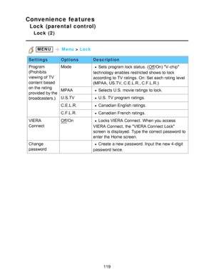 Page 119Convenience features
Lock (parental control)
Lock  (2)
 MENU  Menu  > Lock
Settings OptionsDescription
Program
(Prohibits
viewing of TV
content based
on the rating
provided by the
broadcasters.) Mode
Sets  program lock status.  (Off
/On)  V-chip
technology enables  restricted shows to lock
according to TV ratings. On: Set  each rating  level
(MPAA,  US.TV, C.E.L.R., C.F.L.R.)
MPAA
Selects U.S.  movie ratings  to lock.
U.S.TV
U.S.  TV program ratings.
C.E.L.R.
Canadian English ratings.
C.F.L.R.
Canadian...