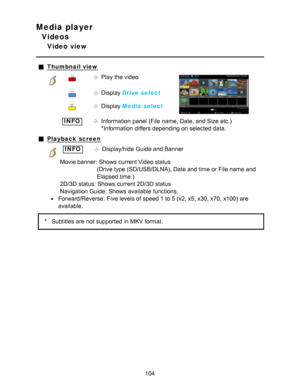 Page 104Media player
Videos
Video  view
Thumbnail view
Play  the video
 Display Drive select 
 Display Media select 
 INFOInformation  panel  (File  name, Date, and Size  etc.)
*Information differs depending on selected data.
Playback  screen
INFODisplay/hide  Guide and Banner
Movie banner: Shows  current Video status (Drive type (SD/USB/DLNA), Date and time or File name  and
Elapsed time.)
2D/3D status:  Shows  current 2D/3D status
Navigation Guide:  Shows  available  functions.
Forward/Reverse:  Five levels of...