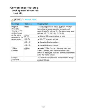 Page 112Convenience features
Lock (parental control)
Lock  (2)
 MENU  Menu  > Lock
Settings OptionsDescription
Program
(Prohibits
viewing of TV
content based
on the rating
provided by the
broadcasters.) Mode
Sets  program lock status.  (Off
/On)  V-chip
technology enables  restricted shows to lock
according to TV ratings. On: Set  each rating  level
(MPAA,  US.TV, C.E.L.R., C.F.L.R.)
MPAA
Selects U.S.  movie ratings  to lock.
U.S.TV
U.S.  TV program ratings.
C.E.L.R.
Canadian English ratings.
C.F.L.R.
Canadian...