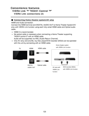 Page 125Convenience features
VIERA Link ™ HDAVI Control ™
VIERA  Link  connections  (2)
Connecting Home theater system/AV amp
HDMI and Audio connection.
Connect the HDMI terminal and DIGITAL AUDIO OUT to Home Theater  System/AV
amp  with VIERA  Link function  using each fully wired HDMI cable and Optical audio
cable.
HDMI 2 is recommended.
No optical cable is necessary when connecting a Home Theater  supporting
HDAVI control  5 with an HDMI cable.
Audio will be supported  via ARC (Audio Return  Channel)
One AV...