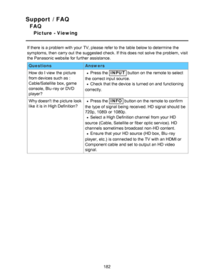 Page 182Support / FAQ
FAQ
Picture - Viewing
If there is a problem with your  TV, please  refer to the table below to determine  the
symptoms, then  carry out the suggested check. If this does not solve the problem, visit
the Panasonic website for further assistance.
QuestionsAnswers
How  do I view  the picture
from devices such as : 
Cable/Satellite  box, game
console, Blu -ray or DVD
player?
Press the INPUT  button on the remote to select
the correct input source.
Check that the device is turned on and...