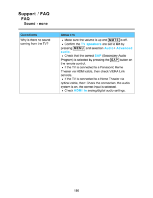 Page 186Support / FAQ
FAQ
Sound  - none
QuestionsAnswers
Why is there no sound
coming from the TV?
Make  sure  the volume is up and MUTE  is off.
Confirm  the TV speakers  are  set to On by
pressing 
MENU  and selection  Audio > Advanced
audio .
Check that the correct SAP  (Secondary Audio
Program) is selected by pressing the 
SAP  button on
the remote control.
If the TV is connected to a Panasonic Home
Theater  via HDMI cable, then  check VIERA  Link
controls.
If the TV is connected to a Home Theater  via...