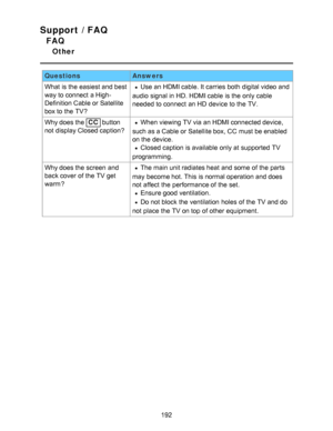 Page 192Support / FAQ
FAQ
Other
QuestionsAnswers
What is the easiest and best
way to connect  a High-
Definition Cable or Satellite
box to the TV?
Use an HDMI cable. It carries  both  digital video and
audio  signal in HD. HDMI cable is the only cable
needed to connect  an HD  device to the TV.
Why does the 
CC  button
not display Closed caption?When viewing TV via an HDMI connected device,
such as a Cable or Satellite box, CC  must be enabled
on the device.
Closed caption is available  only at supported  TV...