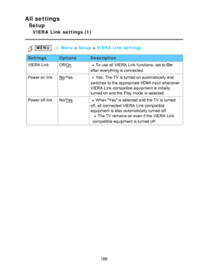 Page 188All settings
Setup
VIERA  Link  settings (1)
 MENU   Menu  > Setup  > VIERA  Link settings
Settings OptionsDescription
VIERA  Link Off/
OnTo use all  VIERA  Link functions, set to On
after  everything is connected.
Power on link
No /YesYes:  The TV is turned on automatically and
switches to the appropriate HDMI input whenever
VIERA  Link compatible equipment is initially
turned on and the Play  mode  is selected.
Power off link No/
YesWhen Yes is selected and the TV is turned
off, all  connected VIERA...