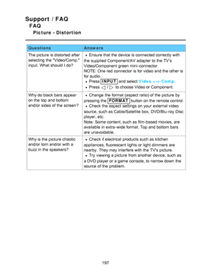 Page 197Support / FAQ
FAQ
Picture - Distortion
QuestionsAnswers
The picture  is distorted after
selecting  the Video/Comp.
input.  What should  I do?Ensure that the device is connected correctly with
the supplied Component/AV adapter to the TV’s
Video/Component  green mini-connector. 
NOTE: One red  connector is for video and the other is
for audio.
Press INPUT  and select Video  Comp . 
Press / to choose Video or Component.
Why do black bars  appear
on the top and bottom
and/or sides of the screen ?Change  the...