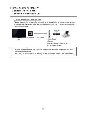 Page 65Home network DLNA
Connect to network
Network connections  (4)
C. Wired connection (Using Router)
If you are  using the network  for connecting various pieces of equipment and want
to connect  the TV, you should  use a router to connect  the TV to the Internet with
LAN  straight cable.
TV
ETHERNETLAN  cable- Hub, Router
- Modem
- DLNA Certified  media  server
(for example, PC, etc.)
*To use only DLNA features, you can operate the features without Broadband
network  environment.
You can just connect  the...