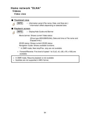 Page 84Home network DLNA
Videos
Video  view
Thumbnail view
INFOInformation  panel  (File  name, Date, and Size  etc.)  
* Information  differs depending on selected data.
Playback  screen
INFODisplay/hide  Guide and Banner
Movie banner: Shows  current Video status (Drive type (SD/USB/DLNA), Date and time or File name  and
Elapsed time.) 
2D/3D status:  Shows  current 2D/3D status
Navigation Guide:  Shows  available  functions.
* In DMR mode, Next skip/Prev. skip are  not available.
Forward/Reverse:  Five level...