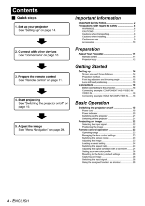 Page 44 - ENGLISH
Contents
JQuick stepsImportant Information
Important Safety Notice ........................................ 2
Precautions with regard to safety ....................... 6
WARNINGS ................................................................. 6
CAUTIONS .................................................................. 7
Cautions when transporting ......................................... 8
Cautions when installing .............................................. 9
Cautions on use...