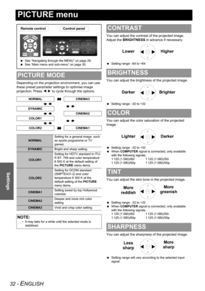 Page 3232 - ENGLISH
Settings
PICTURE menu
Depending on the projection environment, you can use 
these preset parameter settings to optimise image 
projection. Press I H to cycle through the options.You can adjust the contrast of the projected image. 
Adjust the BRIGHTNESS in advance if necessary.
 Setting range: -64 to +64
You can adjust the brightness of the projected image.
 Setting range: -32 to +32
You can adjust the color saturation of the projected 
image.
 Setting range: -32 to +32
 When COMPUTER signal...