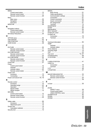 Page 59Appendix
Index
ENGLISH - 59
MENU
Control panel button
 ............................................12
Remote control button .........................................11
Remote control function .......................................29
Menu
Main menu
 .........................................................30
Navigation ..........................................................29
Sub-menu ..........................................................30
MPEG NR...