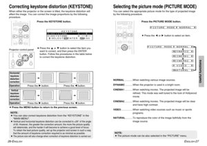 Page 14ENGLISH
-27 26-E
NGLISH
Correcting keystone distortion (KEYSTONE)When either the projector or the screen is tilted, the keystone distortion will
affect the image. You can correct the image proportions by the following
procedure.
Projector control panelPress the KEYSTONE button.
BPress the For Gbutton to select the item you
want to correct, and then press the ENTER
button. Follow the procedures in the table below
to correct the keystone distortion.NOTE:
BYou can also correct keystone distortion from the...