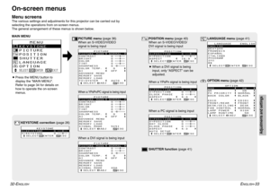 Page 17ENGLISH
-33
Adjustments and settings
32-E
NGLISH
On-screen menusMenu screensThe various settings and adjustments for this projector can be carried out by
selecting the operations from on-screen menus.
The general arrangement of these menus is shown below.MAIN MENU
   MENU
KEYSTONE
PICTURE
POSITION
SHUTTER
LANGUAGE
OPTIONSELECT     ENTER      EXIT
       PICTURE
PICTURE MODE  NORMAL
CONTRAST       0
BRIGHT         0
COLOR          0
TINT           0
SHARPNESS      0
COLOR TEMP.     0
AI             OFF...