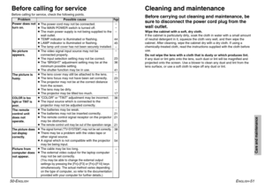 Page 26ENGLISH
-51
Care and maintenance
50-E
NGLISH
Before calling for serviceBefore calling for service, check the following points.
Problem Possible cause
Page
Power does not
turn on.
No picture
appears.
The picture is
fuzzy.COLOR is too
light or TINT is
poor.The remote
control unit
does not
operate.The picture does
not display
correctly.Picture from
computer does
not appear.BThe power cord may not be connected.
BThe MAIN POWER switch is turned off.
BThe main power supply is not being supplied to the
wall...