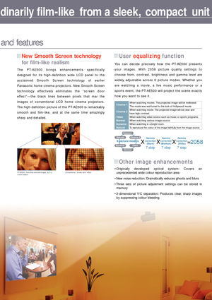 Page 4The PT-AE500 brings enhancements specifically 
designed for its high-definition wide LCD panel to the 
acclaimed Smooth Screen technology of earlier 
Panasonic home cinema projectors. New Smooth Screen 
technology effectively eliminates the “screen door 
effect”—the black lines between pixels that mar the 
images of conventional LCD home cinema projectors. 
The high-definition picture of the PT-AE500 is remarkably 
smooth and film-like, and at the same time amazingly 
sharp and detailed.
New Smooth...