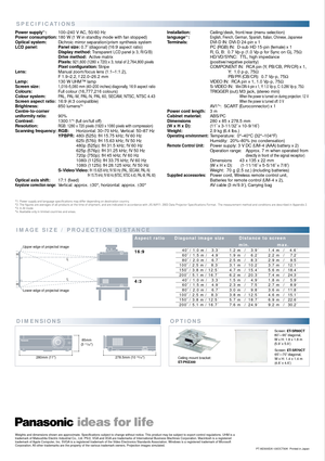 Page 6SPECIFICATIONS
IMAGE SIZE / PROJECTION DISTANCE
DIMENSIONS
  40˝ / 1.0 m /   3.3´
  60˝ / 1.5 m /   4.9´
  80˝ / 2.0 m /   6.7´
100˝ / 2.5 m /   8.3´
150˝ / 3.8 m / 12.5´
200˝ / 5.1 m / 16.7´
  40˝ / 1.0 m /   3.3´
  60˝ / 1.5 m /   4.9´
  80˝ / 2.0 m /   6.7´
100˝ / 2.5 m /   8.3´
150˝ / 3.8 m / 12.5´
200˝ / 5.1 m / 16.7´16:9
4:3 Aspect ratio Diagonal image size Distance to screen
L
Upper edge of projectsd image
L
min. max.1.4 m
2.2 m
2.9 m
3.7 m
5.6 m
7.4 m
1.8 m
2.7 m
3.6 m
4.6 m
6.9 m
9.2 m4.6´
7.2´...