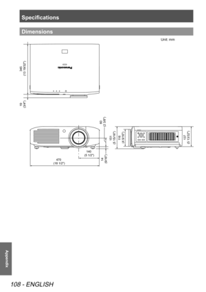 Page 108Specifications
108 - ENGLISH
Appendix
Dimensions
Unit: mm
470 
(18 1/2) 140 
(5 1/2)
60 
(2 3/8)
14 
(9/16)
345
 (13 19/32)
19 (3/4)
151 
(5 15/16)1 16 
(4 9/16)137 
(5 13/32)  