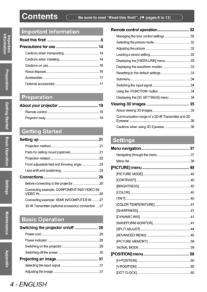 Page 4 
4 - ENGLISH
Important 
Information
Preparation
Getting Started
Basic Operation
Settings
Maintenance
Appendix
ContentsBe sure to read “Read this first!”. ( pages 6 to 13)
Important Information
Read this first!  ..................................................... 6
Precautions for use  ......................................... 14
Cautions when transporting ..........................................14
Cautions when installing  ............................................... 14
Cautions on use...