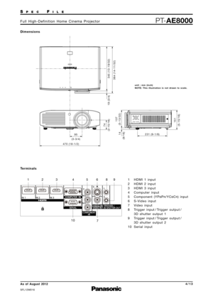 Page 4SP E CFI L E
PTAE8\b\b\bF u l l   H i g h \b D e f i n i t i o n   H o m e   C i n e m a   P ro j e c t o r
A\b  of  Augu\bt  2012
SFL\f2M0\f6
\f / 1 3
470 (181/2) 231 (91/8)
95
(33/4)
74
(215/16)
364 (1411/32)
19 (3/4)
137
(513/32)
151
(515/16)
14
(9/16) 345 (1319/32)
D i m e n s i o n s
u n i t   :   m m   ( i n c h )
N O T E :   T h i s   i l l u s t r a t i o n   i s   n o t   d r a w n   t o   s c a l e .
Te r m i n a l s
\f H D M I   \f   i n p u t
2 H D M I   2   i n p u t
3 H D M I   3   i n p u...