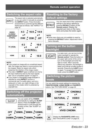 Page 23Remote control operation
ENGLISH - 23
Basic Operation
The aspect ratio is selected automatically, 
or you can switch it manually by pressing 
the ASPECT button. Press the button 
several times to cycle through the different 
aspect type as follows. See ASPECT on 
page 32.
You can switch off the POWER 
automatically by setting the SLEEP 
feature. Press the SLEEP button 
several times to cycle through the 
duration of time. See SLEEP on 
page 35.You can reset most of the customised 
settings to the factory...