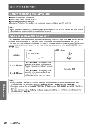 Page 38Care and Replacement
38 - ENGLISH
Maintenance
 Ensure the projector is switched off.
 Unplug all the cables from the projector.
 Prepare a Phillips-head screwdriver.
 Contact an Authorised Service Centre to purchase a replacement Lamp unit (ET-LAX100).
The Lamp unit is consumable and the brightness decreases by duration of usage. The LAMP indicator will alert 
you of the replacement timing at 1 800 hours, and at 2 000 hours, the projector will be turned off. 1 800 or 
2 000 hours is a rough guidance and...