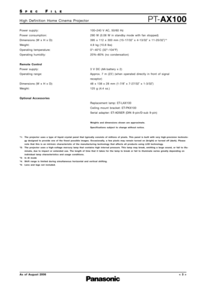 Page 3
SPECFILE
PTAX100High Definition Home Cinema Projector
AsofAugust 2006 
Power supply:
Power consumption:
Dimensions (W x H x D):
Weight: 
Operating temperature:
Operating humidity:
Remote Control
Power supply:
Operating range:
Dimensions (W x H x D):
Weight: 
Optional Accessories
100–240 V AC, 50/60 Hz
290 W (0.08 W in standby mode with fan stopped)
395 x 112 x 300 mm (1517/32˝ x 413/32˝ x 1125/32˝) *
5
4.9 kg (10.8 lbs) 
0°– 40°C (32°–104°F)
20%–80% (no condensation)
3V DC (AA battery x 2)
Approx. 7 m...