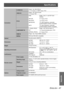 Page 47Specifications
ENGLISH - 47
Appendix
Connectors
S-VIDEO INSingle - line, Mini DIN 4p
Y: 1.0 V [p-p], C: 0.286 V [p-p], 75Ω
VIDEO INSingle - line, RCA pin jack
1.0 V [p-p], 75Ω
PC INRGB Single - line, D - sub HD 15-pin 
(female)
 R.G.B.
0.7 V [p-p], 75 
Ω
 G.SYNC
1.0 V [p-p], 75 Ω
 HD/SYNC TTL high impedance, automatic 
positive/negative polarity compatible
 VD TTL high impedance, automatic 
positive/negative polarity compatible
COMPONENT INY, P
B/CB, PR/CRSingle - line, RCA pin jack x 3
 Y:
1.0 V [p-p]...