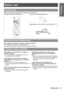 Page 9ENGLISH - 9
Preparation
Before use
Make sure the following accessories are provided with your projector.
Do not subject the projector to excessive vibration or shocks.
 The projector lens need to be handled with care.
 Cover the lens with the lens cover when transporting the projector.
Avoid setting up in places which are subject to 
vibration or shocks.
 The internal parts can be damaged, which may 
cause malfunctions or accidents.
Avoid setting up in places which are subject to 
sudden temperature...