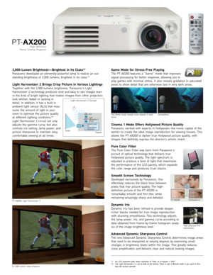 Page 32,000-Lumen Brightness—Brightest in its Class*1
Panasonic developed an extremely powerful lamp to realize an out-
standing brightness of 2,000 lumens, brightest in its class.*1
Light Harmonizer 2 Brings Crisp Picture in Various Lightings
Together with the 2,000-lumens brightness, Panasonic’s Light
Harmonizer 2 technology produces vivid and easy to see images even
in the kind of bright lighting that makes images from other projectors
look whitish, faded or lacking in
detail. In addition, it has a...